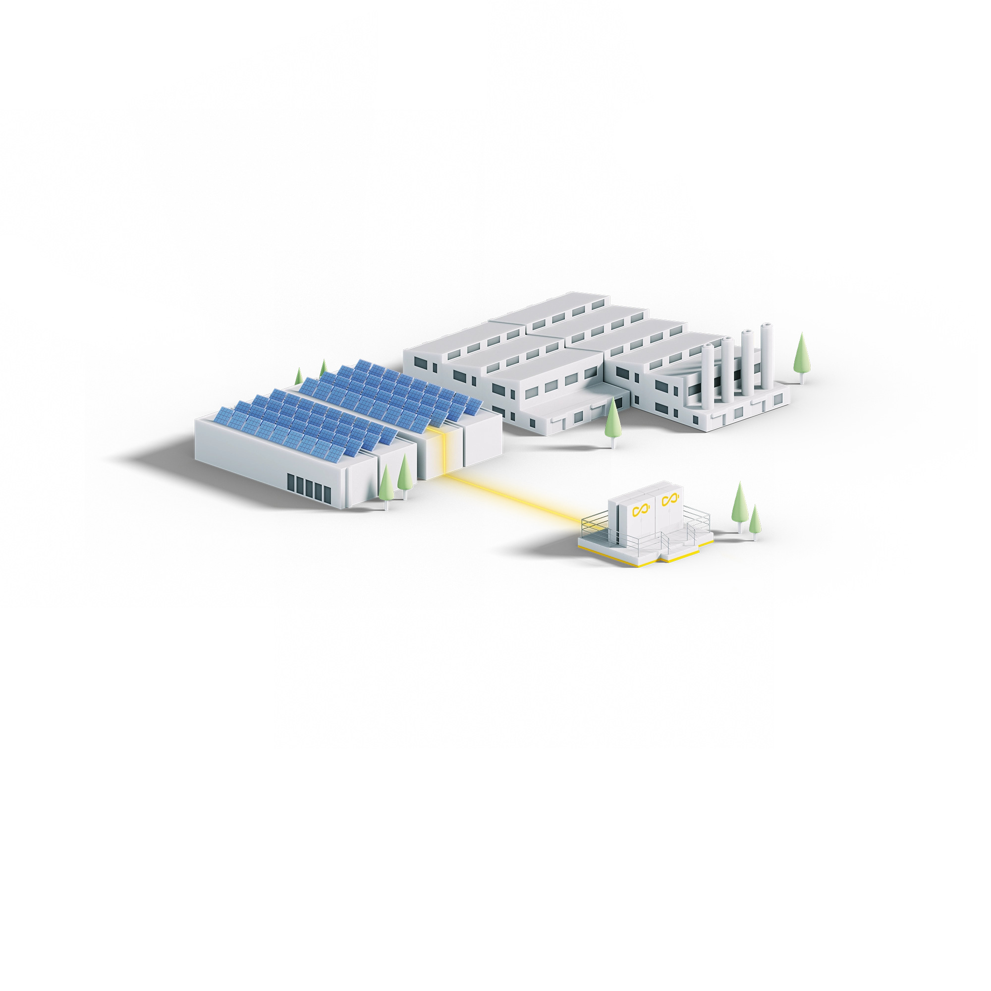 Illustration einer Industrieanlage mit Photovoltaikanlage als Teil eines virtuellen Kraftwerks (VPP) von be.storaged